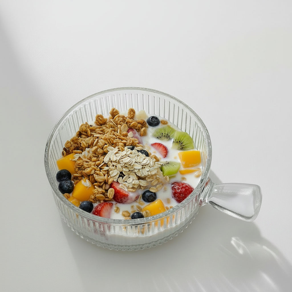 Two glass bowls with fruit and granola on a wooden tray.